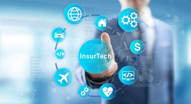 Insurtech button on virtual screen. Insurance technology internet digital iot insured family car property health.