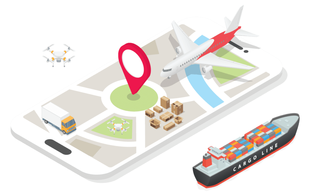 illustration denoting different forms of asset delivery (plane, train, boat)