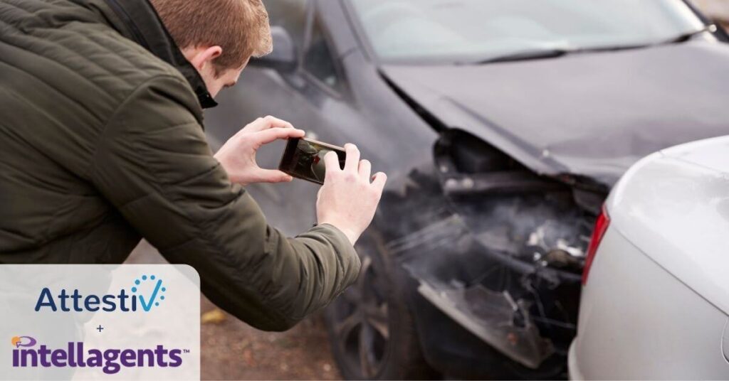 man taking a picture of a car accident. Comany logos in the bottom left corner