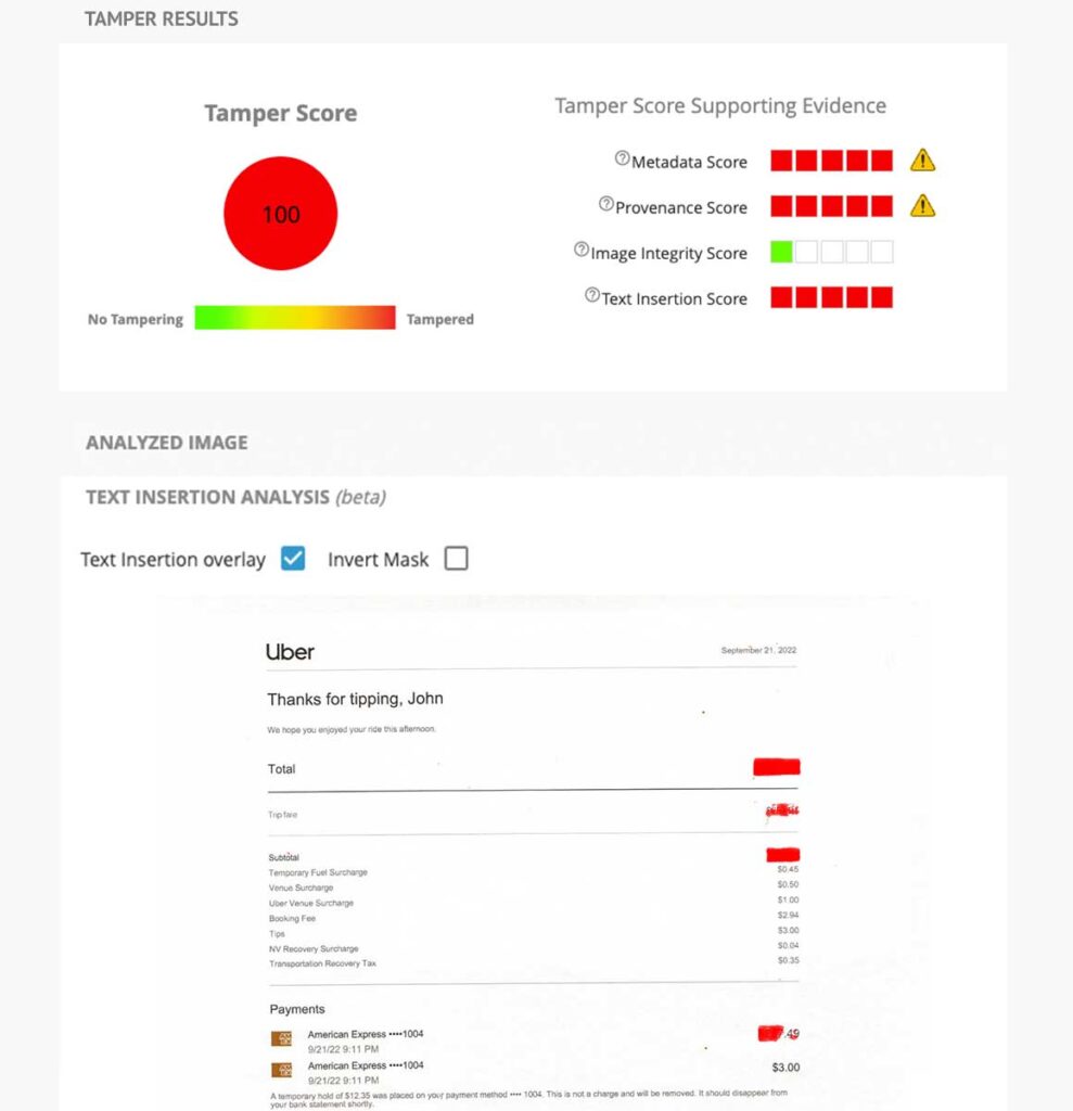 document with heatmap showing altered text in red