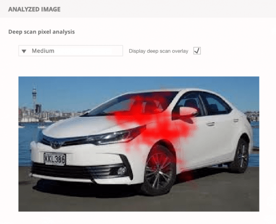 white car with red heat map type overlay sitting on different areas of the car noting areas of concern