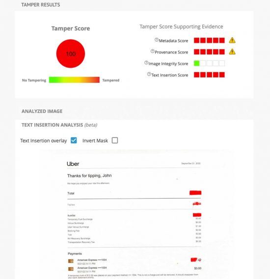 document with heatmap showing altered text in red